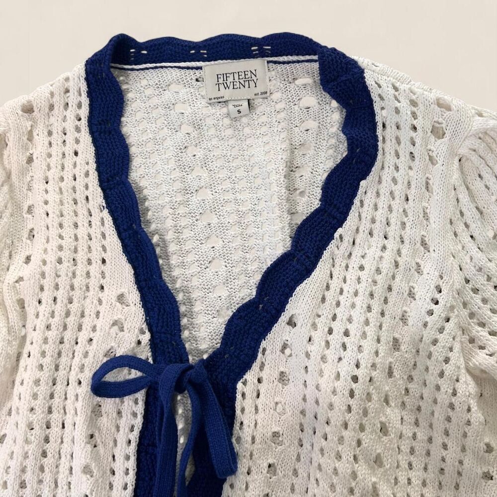 Fifteen Twenty Open Stitch Bow Cotton Cardigan crotchet top | size small cottage - Picture 4 of 6